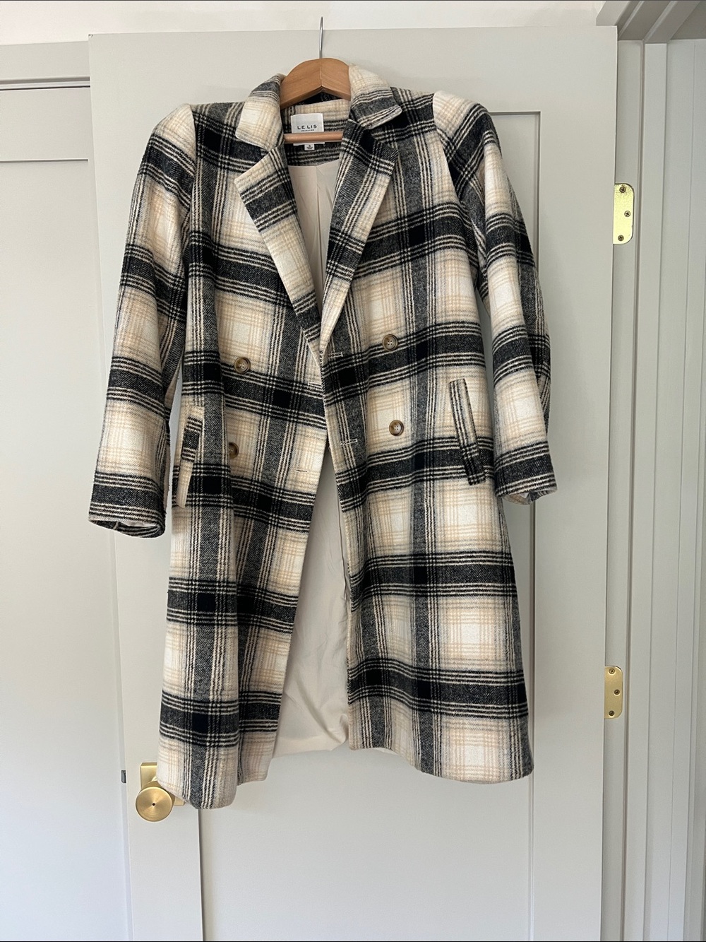 Le Lis Black and Cream Plaid Double-Breasted Pea Coat